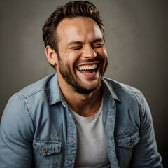 Fototapeta premium Portrait of a Smiling Man, smiling young man in casual denim shirt looking cheerful indoors with modern lighting, perfect for lifestyle and happiness-related content