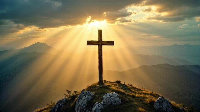Large wooden cross standing on a rocky mountain summit, glowing in warm golden light. Vast sky filled with dramatic clouds, sunbeams shining through. Serene, spiritual, inspirational religious landsca