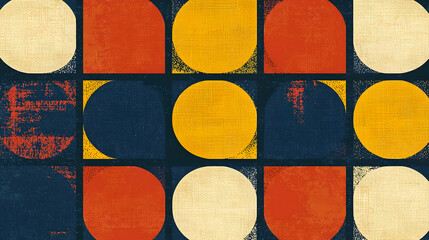 Abstract geometric mid-century design textile pattern, textured circles and squares, vintage background, website banner