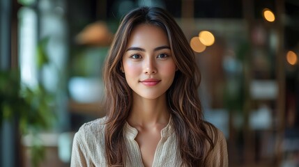Young Woman Smiling in a Cozy Cafe with Warm Ambiance and Lights