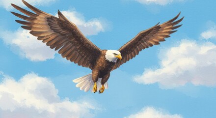 Obraz premium Majestic bald eagle soaring in a clear blue sky with white clouds