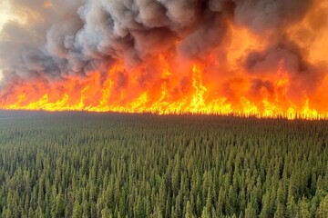 A massive wildfire consuming a forest, with thick smoke rising into the atmosphere