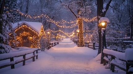 A snow-draped winter wonderland adorned with twinkling lights.