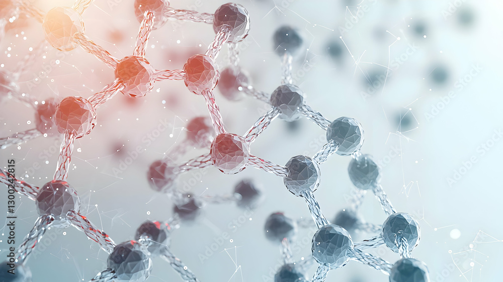 Poster abstract molecular structure with connected spheres and glowing light in a science concept