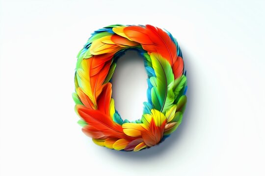 Letter O designed with parrot fur isolated on white background