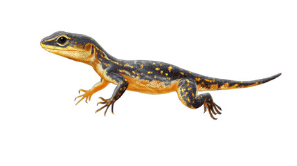 A small, delicate lizard with bright yellow and black markings, running swiftly across the ground, isolated on a transparent background.