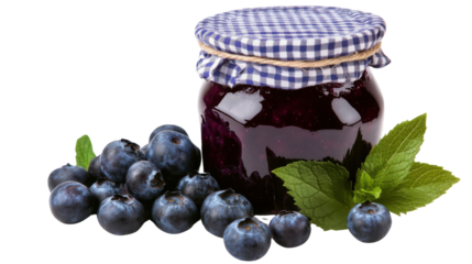 A small jar of blueberry jam with a rustic gingham lid, isolated on a transparent background, with plump blueberries and a scattering of mint leaves beside it.