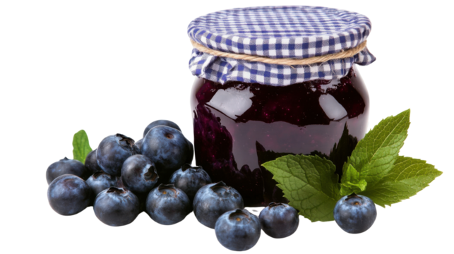 A small jar of blueberry jam with a rustic gingham lid, isolated on a transparent background, with plump blueberries and a scattering of mint leaves beside it.