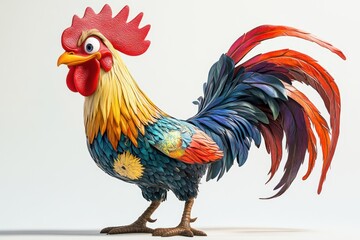 Fototapeta premium Colorful rooster standing on a plain background, used for kids books and animations
