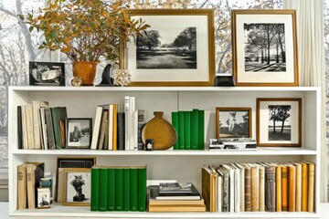 Elegant Bookshelf Display With Framed Art And Greenery Creating A Warm Atmosphere For Engaging Zoom Meetings