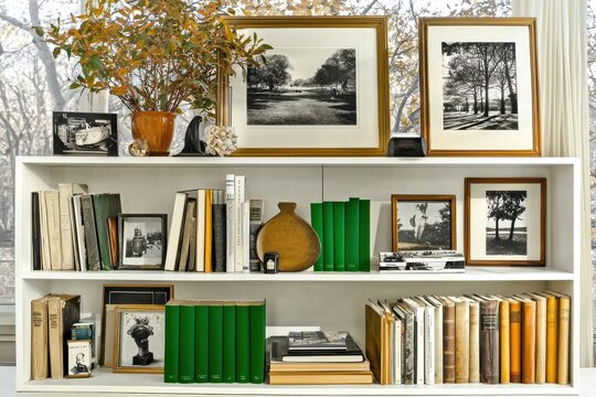 Elegant Bookshelf Display With Framed Art And Greenery Creating A Warm Atmosphere For Engaging Zoom Meetings
