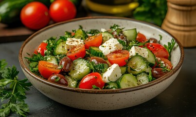 Fresh Cucumber, Tomato, and Feta Salad in a Bowl