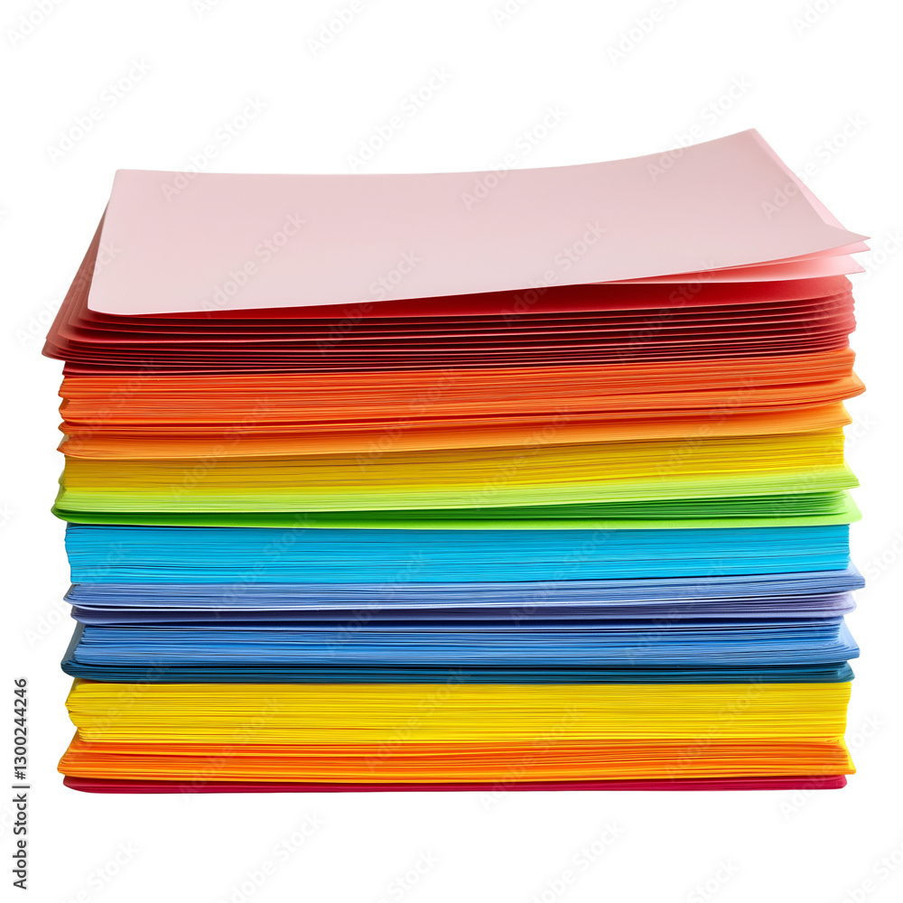 Poster stack of colorful paper sheets organized in rainbow color spectrum. isolated on transparent or white
