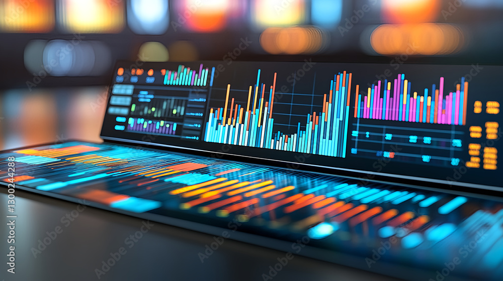 Poster data visualization action modern office digital graphs tech environment close-up view business insig