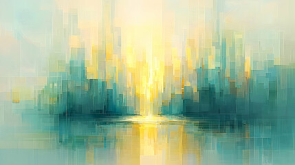 Sunrise cityscape abstract painting, reflective water, urban skyline, peaceful morning, website banner