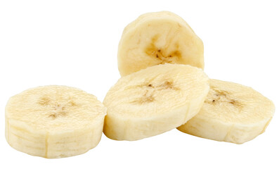 Pile of banana slices isolated on a transparent background. Completely in focus. Focus stacking.