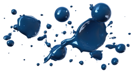 An abstract view of metallic blue paint drops spreading across a white surface, with droplets distinctly separating from one another, from an overhead angle, isolated on a transparent background.