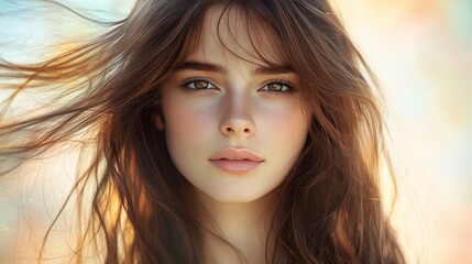 Portrait of a beautiful young woman with flowing hair in soft sunlight