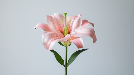Single pink lily flower on a stem against a light grey background.