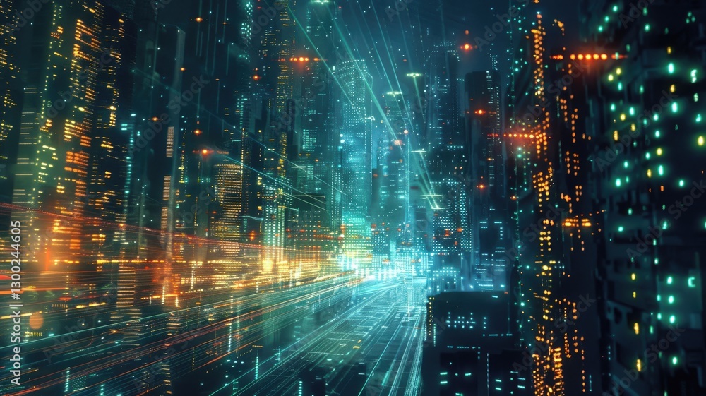 Poster a vibrant futuristic cityscape illuminated with colorful lights and data streams, creating a dynamic