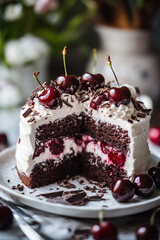 Close-up of a Black Forest cake with chocolate layers, whipped cream, and fresh cherries
