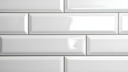 A close-up of glossy white ceramic tiles arranged in a staggered pattern. Concept Ceramic Tile Design, Glossy Finishes, Staggered Patterns, Interior Aesthetics, Close-Up Photography