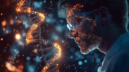Double exposure showcasing a scientist contemplating DNA structure in a research laboratory at night