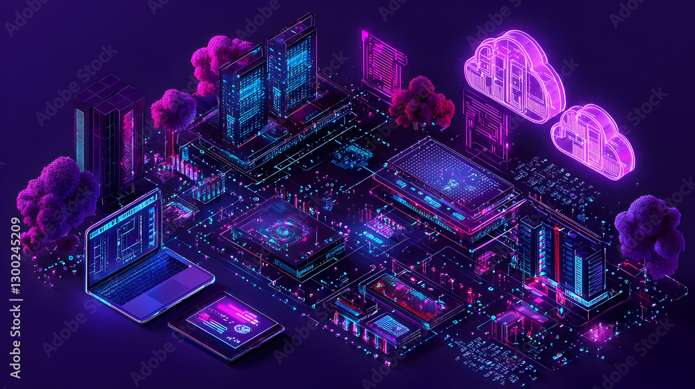 Poster isometric digital city with glowing elements and trees representing technology and data