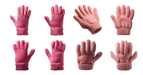 Set of Eight Pink Gloves for Winter and Outdoor Activities, Bundle Set Collection, Isolated on Transparent Background