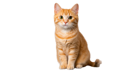 A playful orange tabby cat with bright green eyes, sitting on a transparent background, isolated, looking curious and ready to pounce
