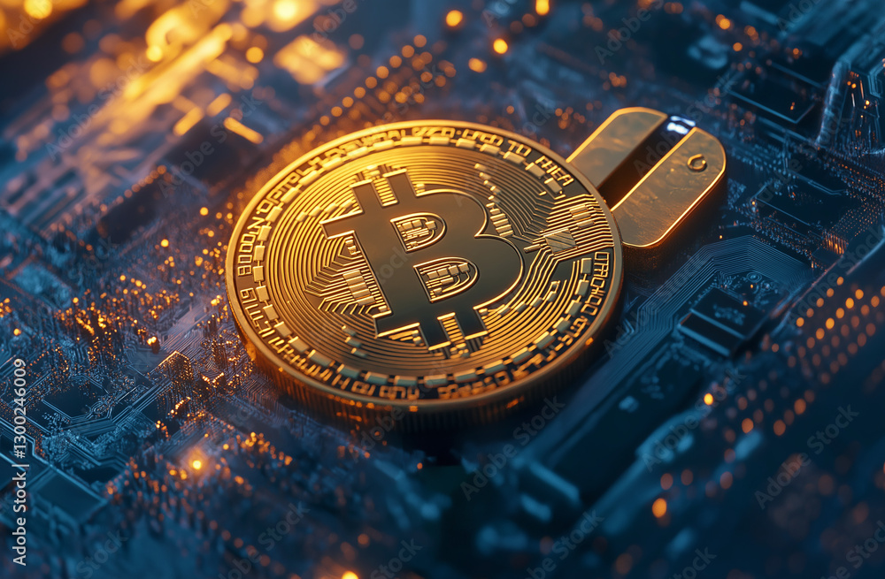 Poster a golden bitcoin coin is placed on top of an open padlock, against the backdrop of computer circuits