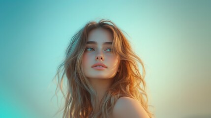 Naklejka premium Beautiful woman with flowing hair looking at the side in soft light