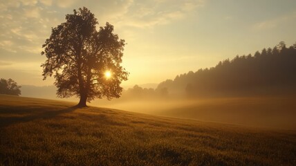 Fototapeta premium Solitary Tree in Misty Field at Sunrise