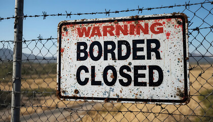 A stark warning indicated by a weathered sign stating 'Border Closed' amidst a rugged landscape and barbed wire, highlighting tensions and border control.