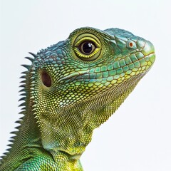 Fototapeta premium Green lizard profile, studio shot, white background, reptile portrait, wildlife photography