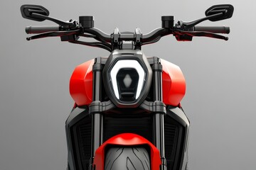 Red and black motorcycle front shot showing headlights.