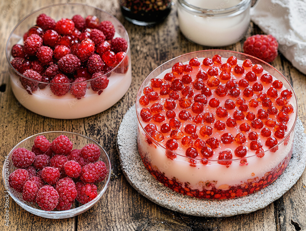 Poster a wooden table with two bowls filled with raspberries and a cake on top. there is also a jar of milk