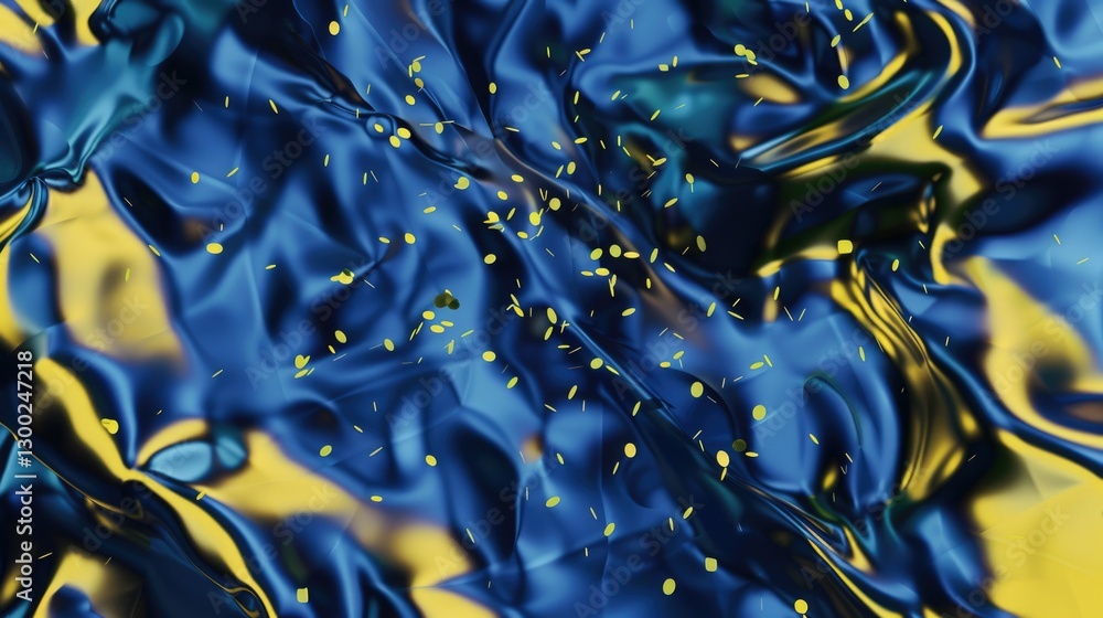 Poster abstract fluid shapes in blue and yellow with confetti. digital 3d rendering art of yellow and blue 