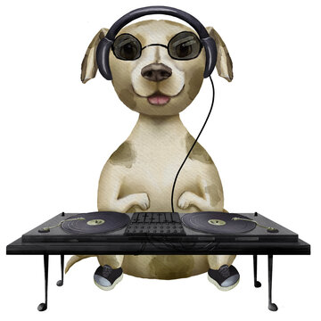 Watercolor illustration of a dog, wearing headphones, black sunglasses and sneakers, at a DJ setup with turntables, conveying a cool, musical, and fun vibe, on white background.