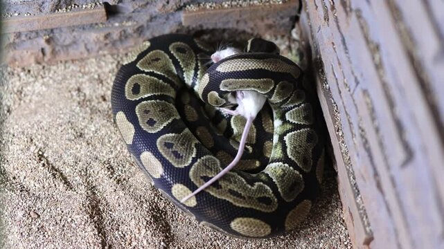 Python regius snake eating mouse in home terrarium. Shot handheld. High quality 4k footage