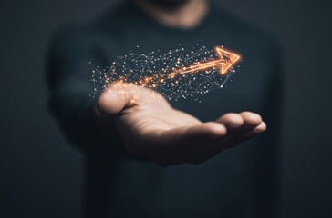 Man Holds Arrow. Digital lines show path forward. For business growth concept