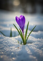 Purple Crocus Flower Blooming in Spring Snow Nature Macro