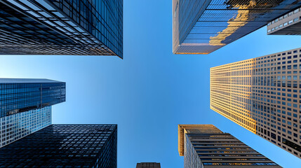 Fototapeta premium Low Angle View Of Skyscrapers Reaching Into The Clear Blue Sky Representing Modern Architecture