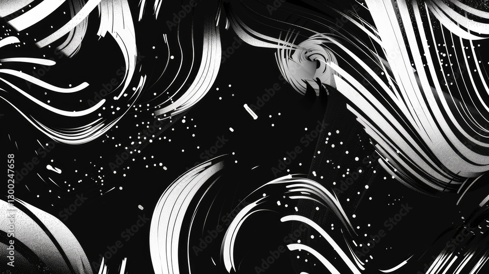 Poster this abstract black and white animated background features stylized fluid lines and textures, perfec