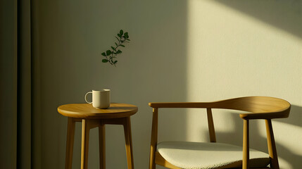 Wooden chair with round table and white mug near the wall with green plant under soft sunlight