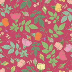 Flowers, roses, leaves, summer, flower meadow, seamless pattern, illustration, vector