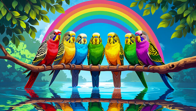 Group of Colorful Parakeets Perched on Branch Over Serene Water