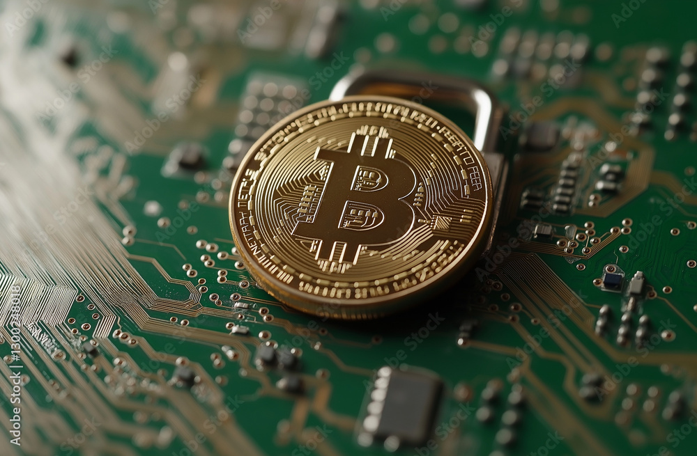 Poster a golden bitcoin coin is placed on top of an open padlock, against the backdrop of computer circuits