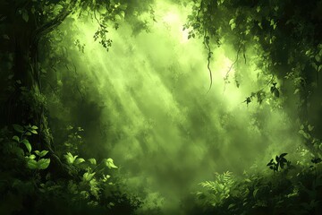 Lush green forest with soft sunlight filtering through the canopy, creating a serene atmosphere