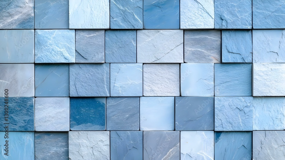 Poster a patterned wall made of square blue and gray stone tiles arranged in a grid layout. concept pattern